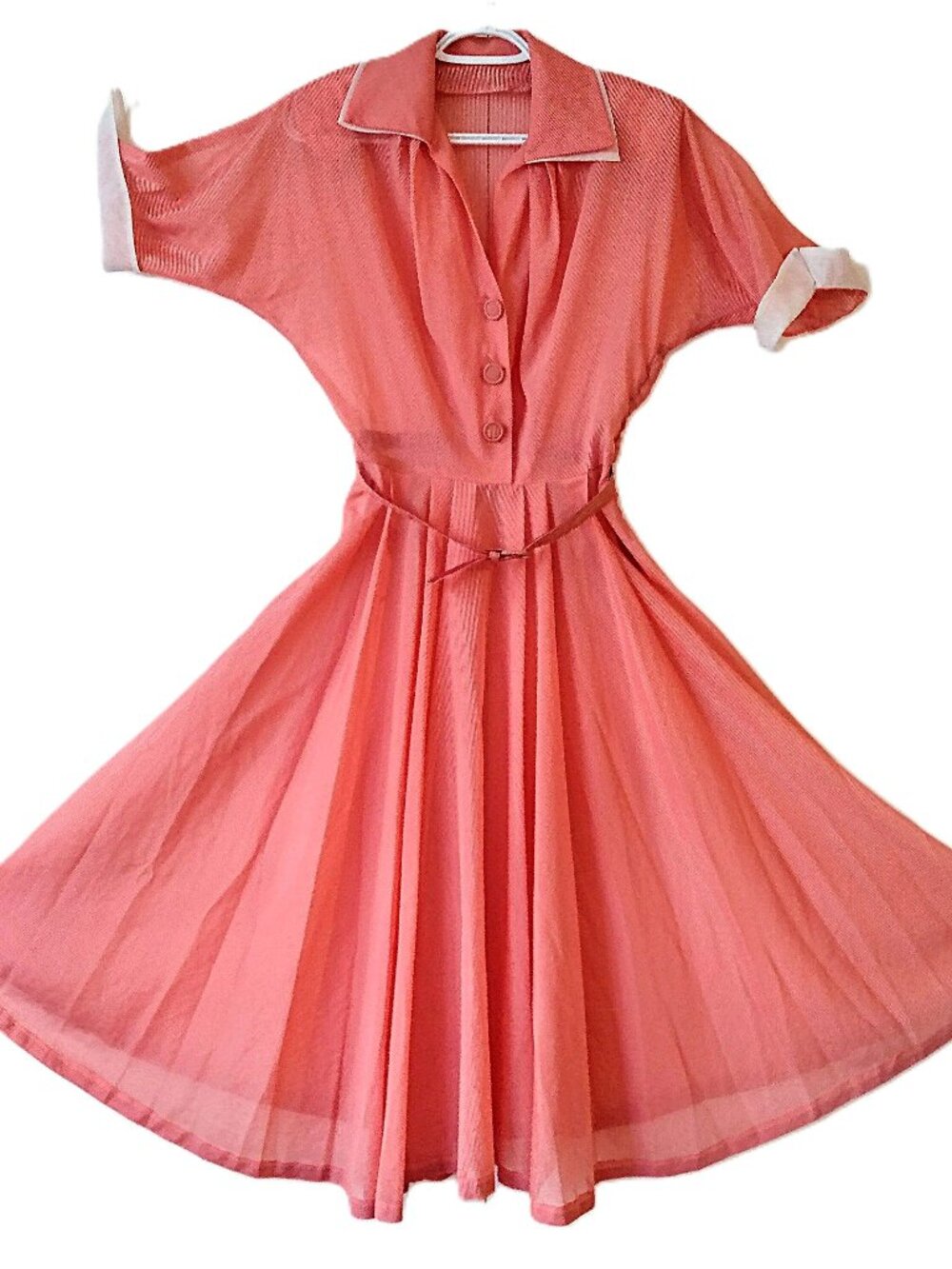 Vintage 50s Sheer Dress 38" Bust 26" Waist Red White Striped Organdy